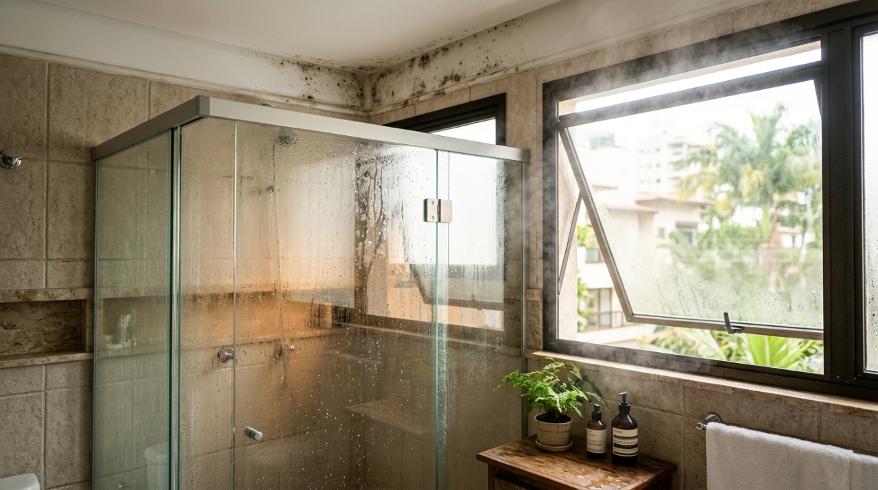 Técnico que trata mofo em apartamentos repete o mesmo alerta: fechar a porta do banheiro logo depois do banho prende o vapor, e em poucos meses o rejunte escurece e o teto começa a manchar