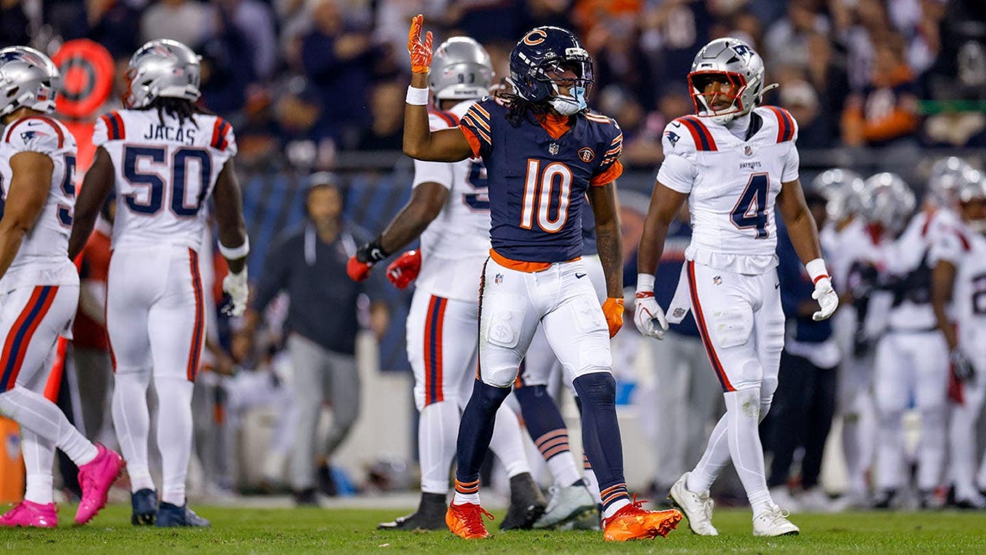 A interceptação de Drake Maye na zona de endzone se revelou custosa enquanto os Patriots caem por 30-24 contra os Bears no horário nobre