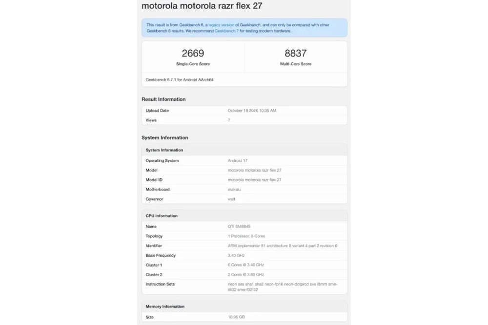 Razr Flex vaza no Geekbench 6 — Foto: Reprodução/GizmoChina