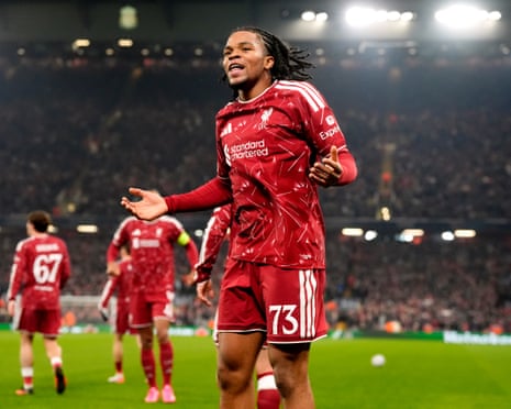 Liverpool's Rio Ngumoha celebrates after Alexis Mac Allister scored his side's third goal
